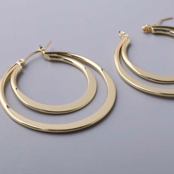 1.75” YELLOW GOLD PLATED DOUBLE HOOP EARRINGS - Picture 2 of 5